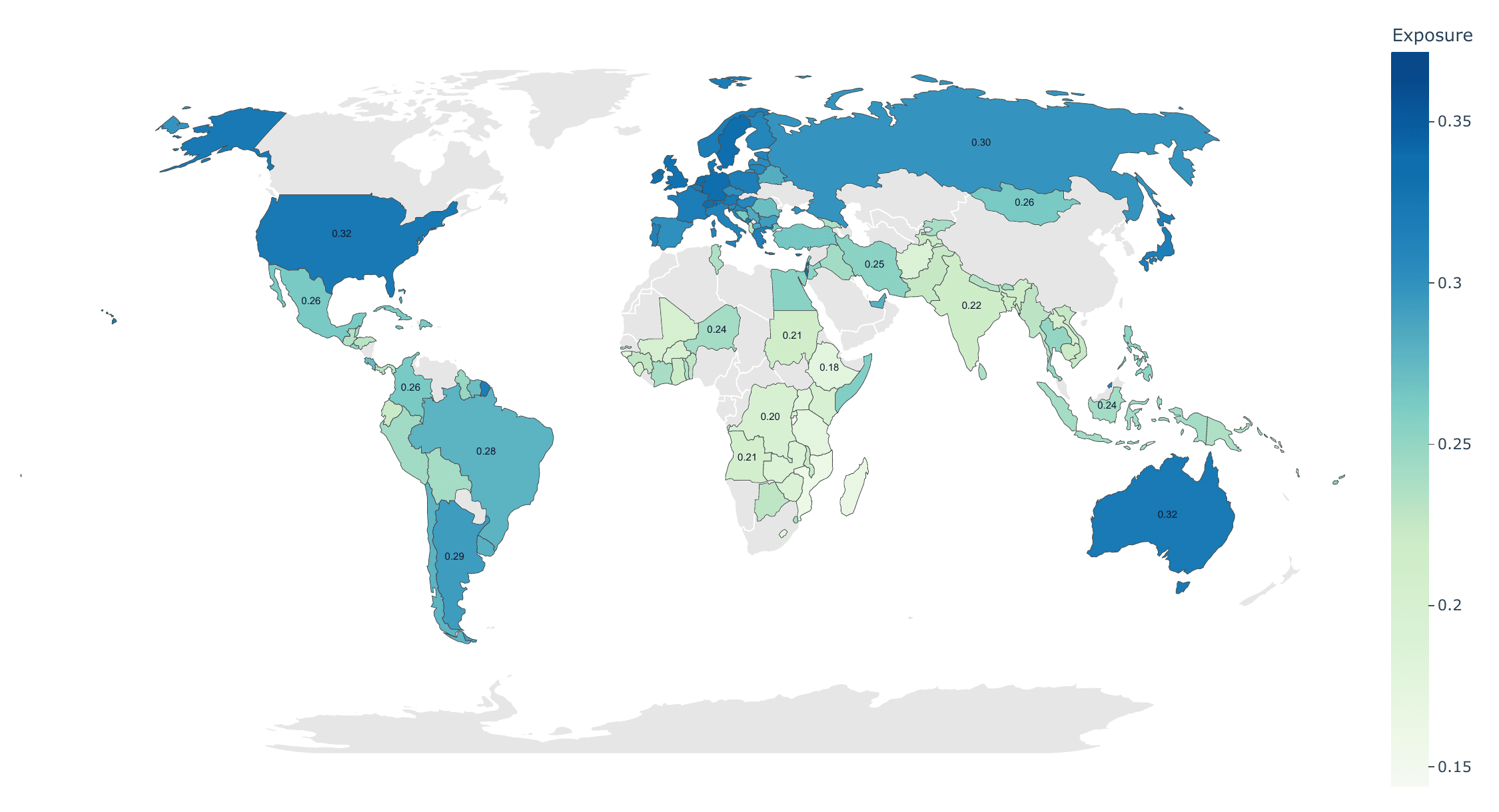Choropleth map of country-level AI exposure across the Global South