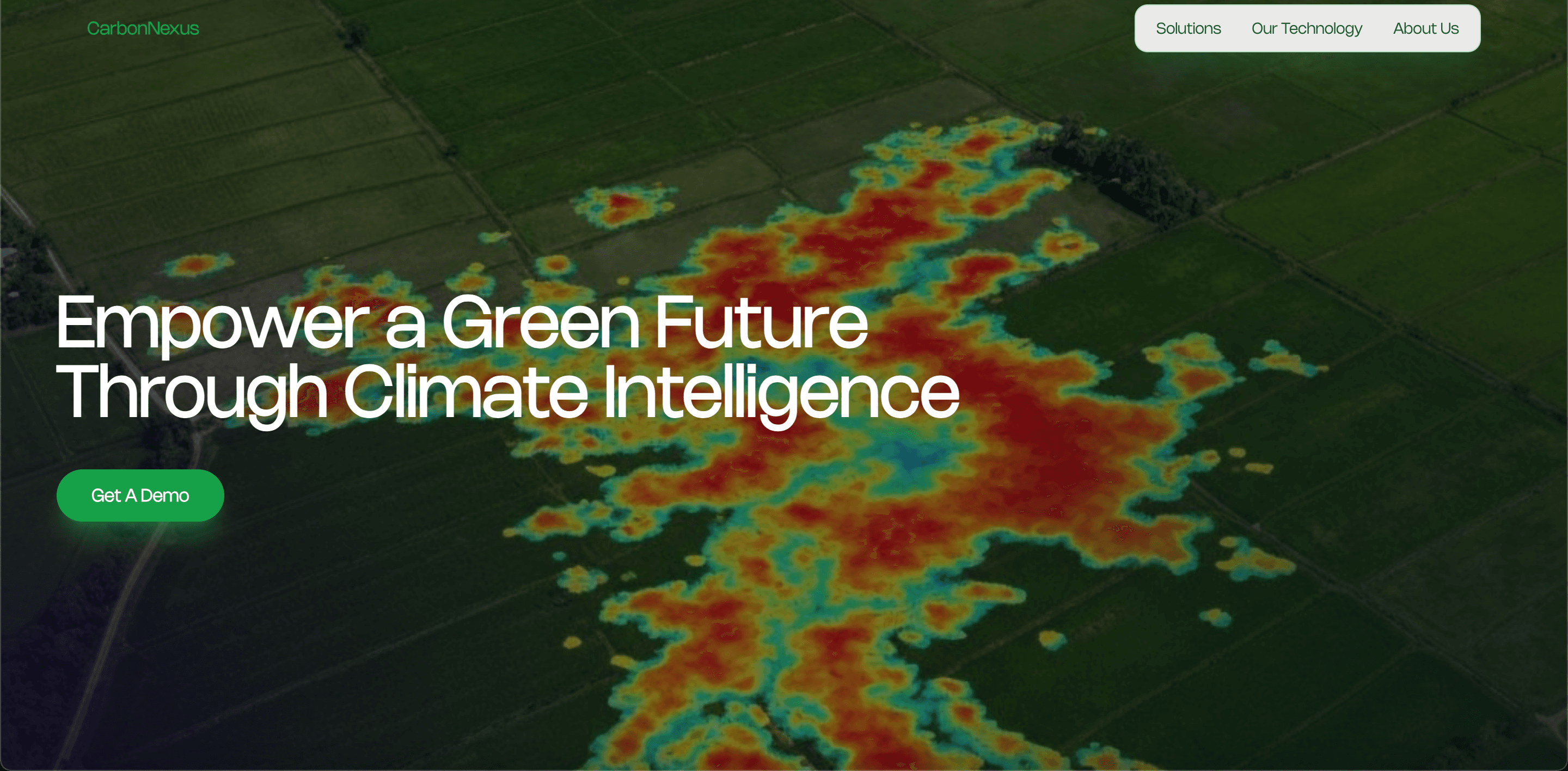 CarbonNexus homepage with climate-intelligence heatmaps over agricultural land