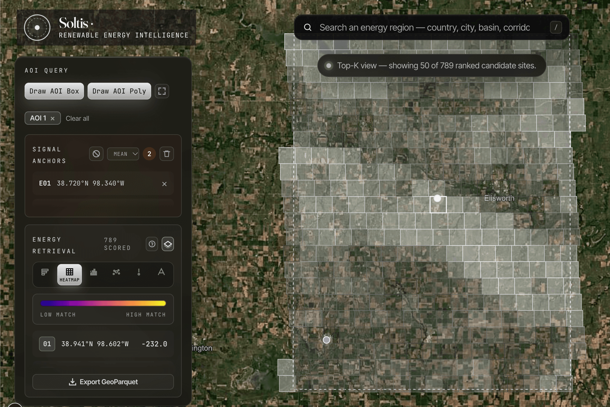 Soltis Demo satellite map with ranked renewable-energy sites and area-of-interest controls