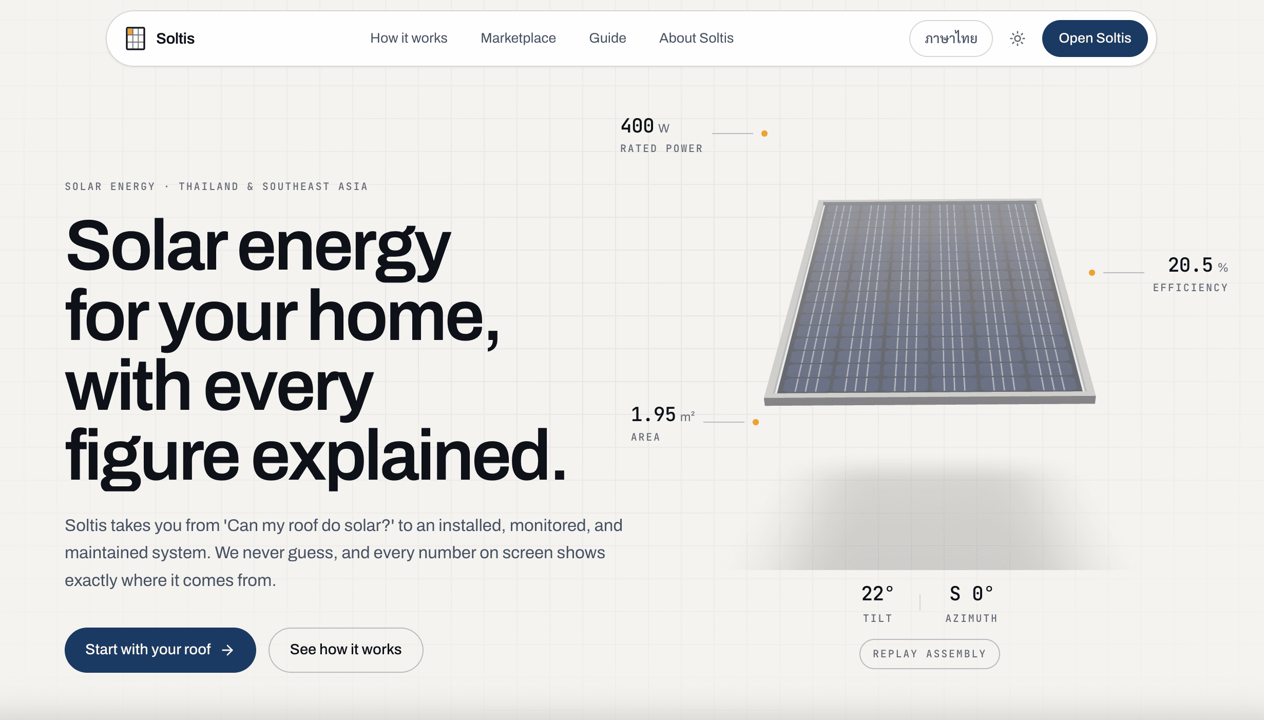 Soltis homepage with a solar panel and specifications for home solar energy